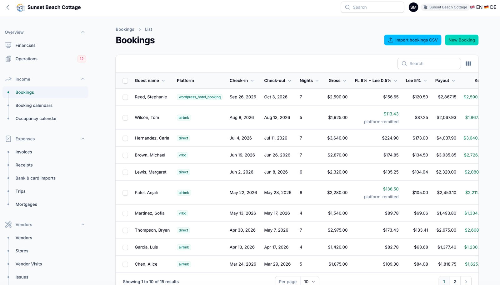 Bookings list with platform tags + tax columns