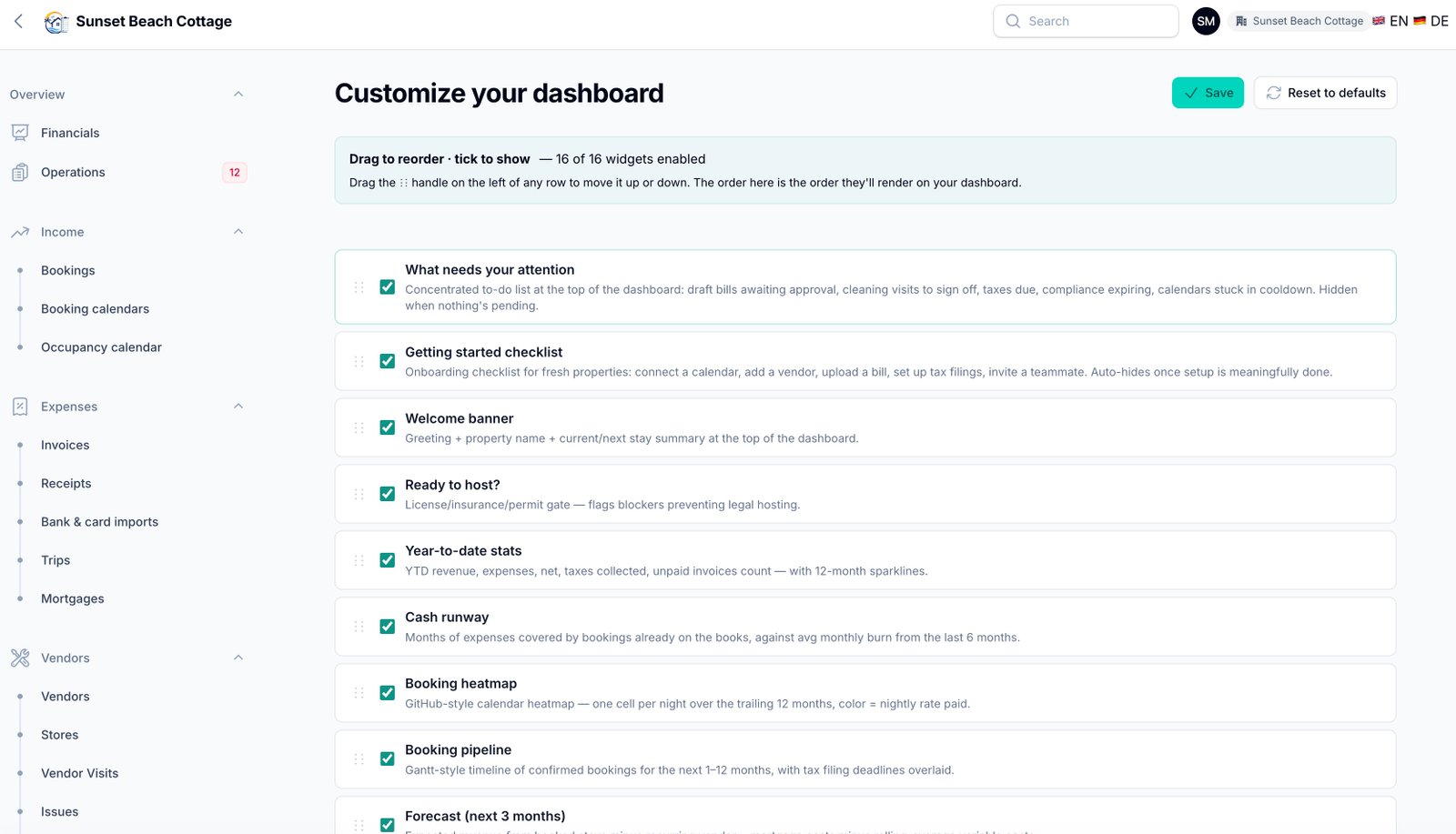 Customize dashboard — drag to reorder, tick to show