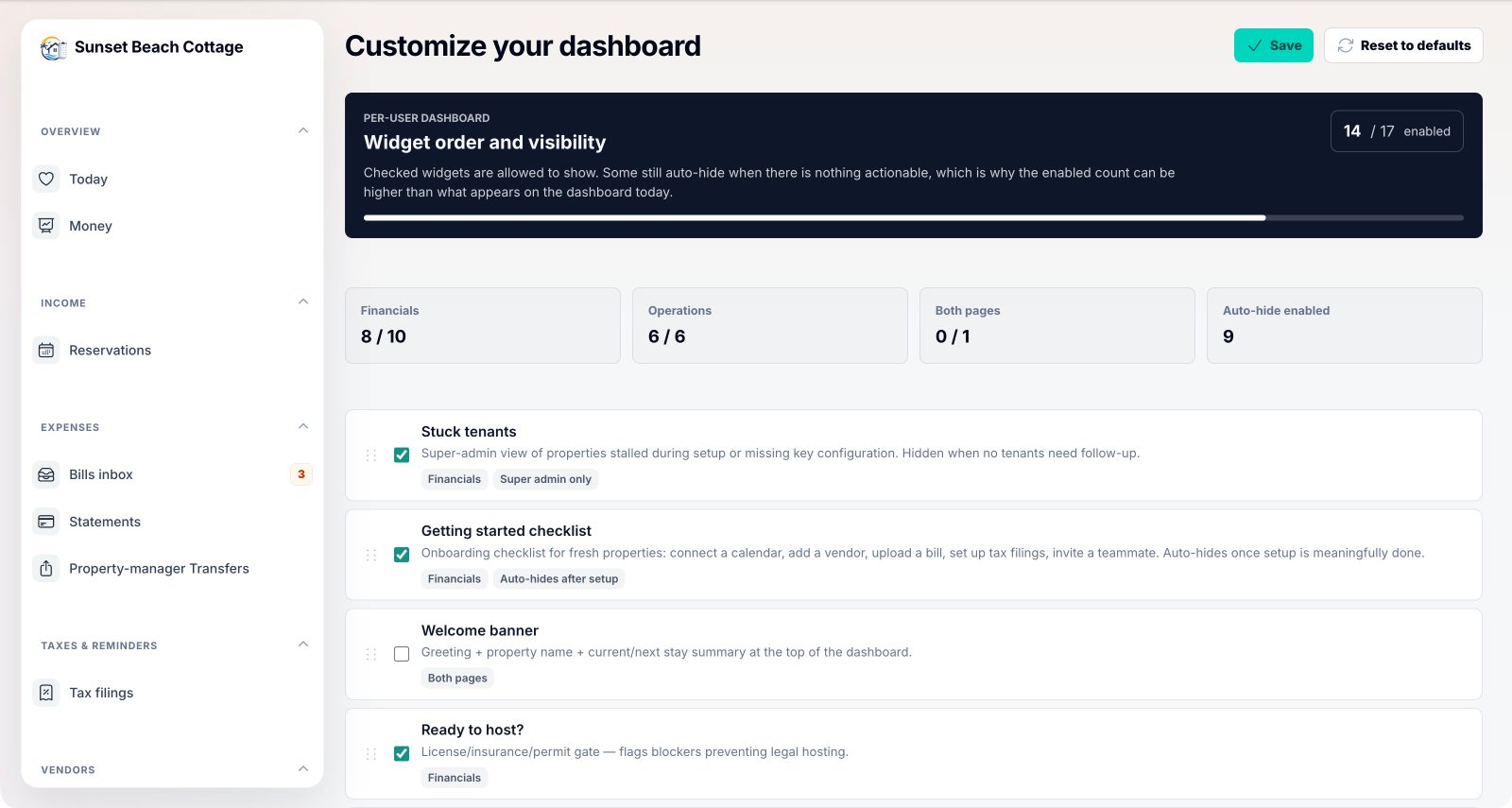 Customize dashboard — drag to reorder, tick to show