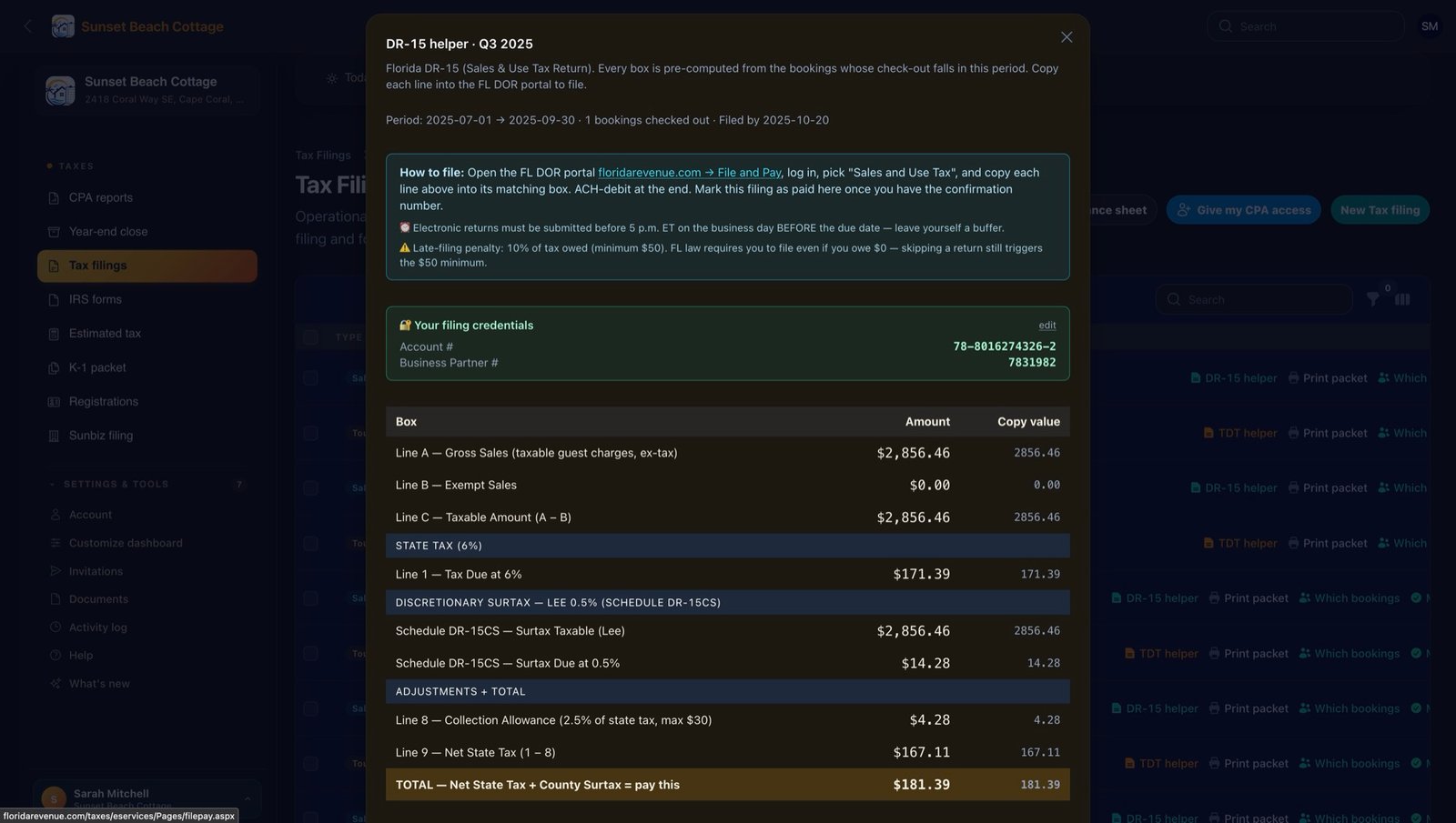 DR-15 tax filing helper with copy-ready numbers