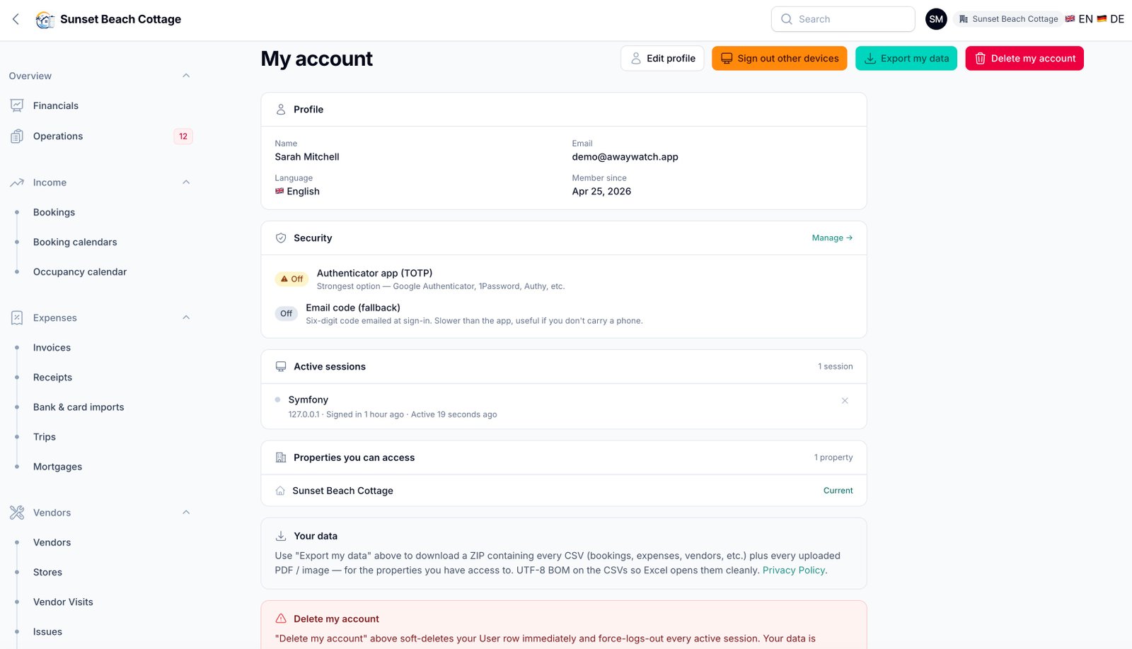 My account — security, sessions, data export, deletion