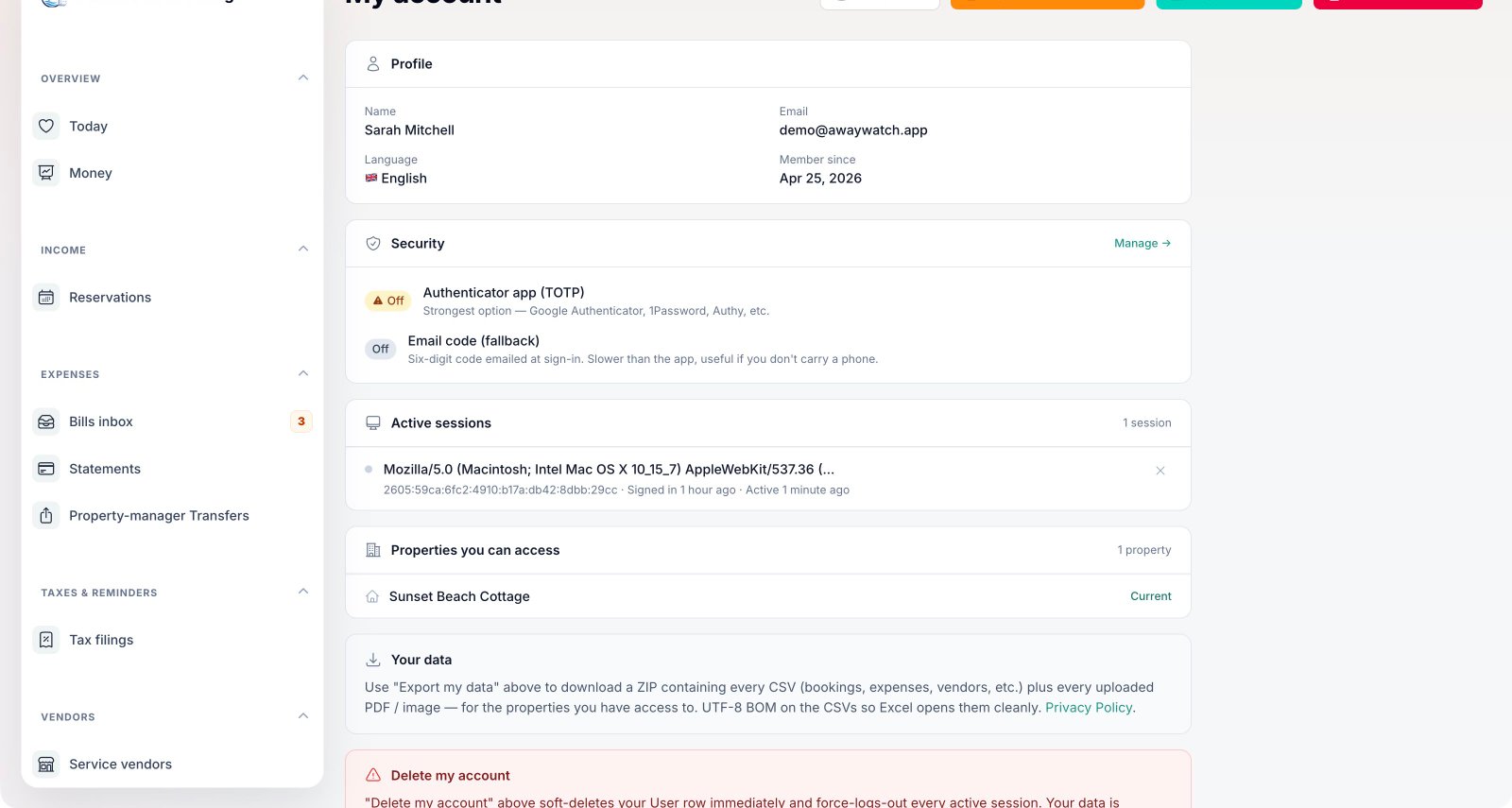 My account — security, sessions, data export, deletion