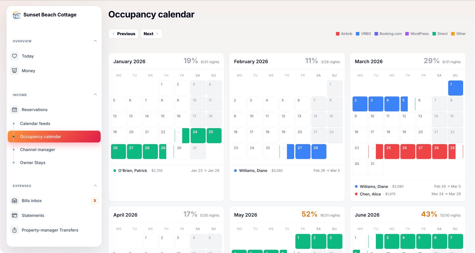 Six-month occupancy calendar — green/blue/red blocks color-coded by booking platform