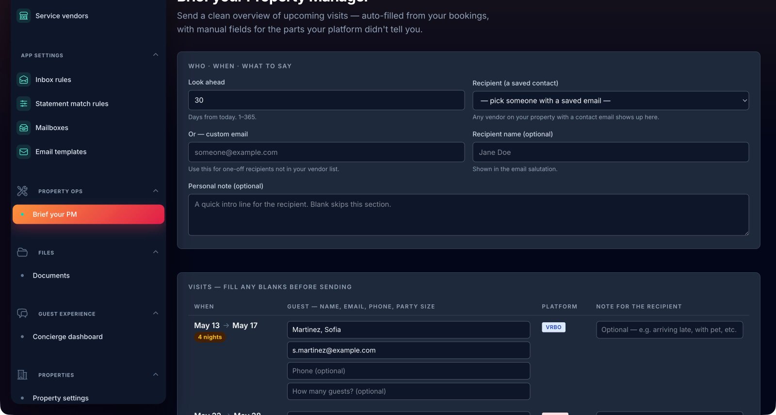 Brief your Property Manager — composer page with date window, recipient picker, and editable visit table