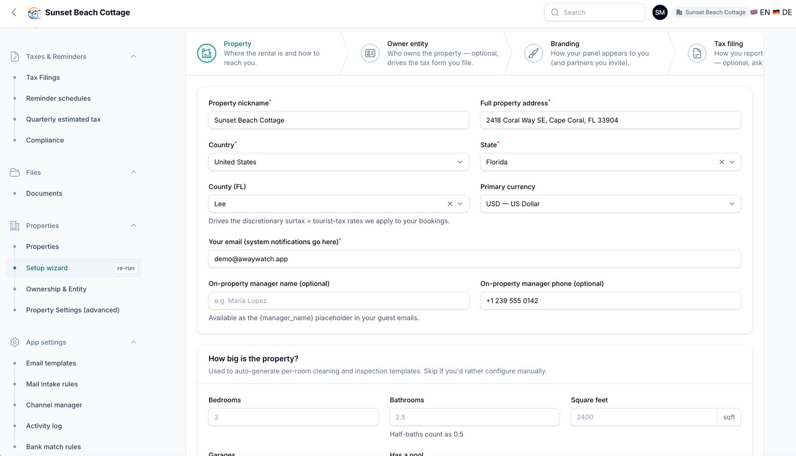The setup wizard — five steps to a configured property